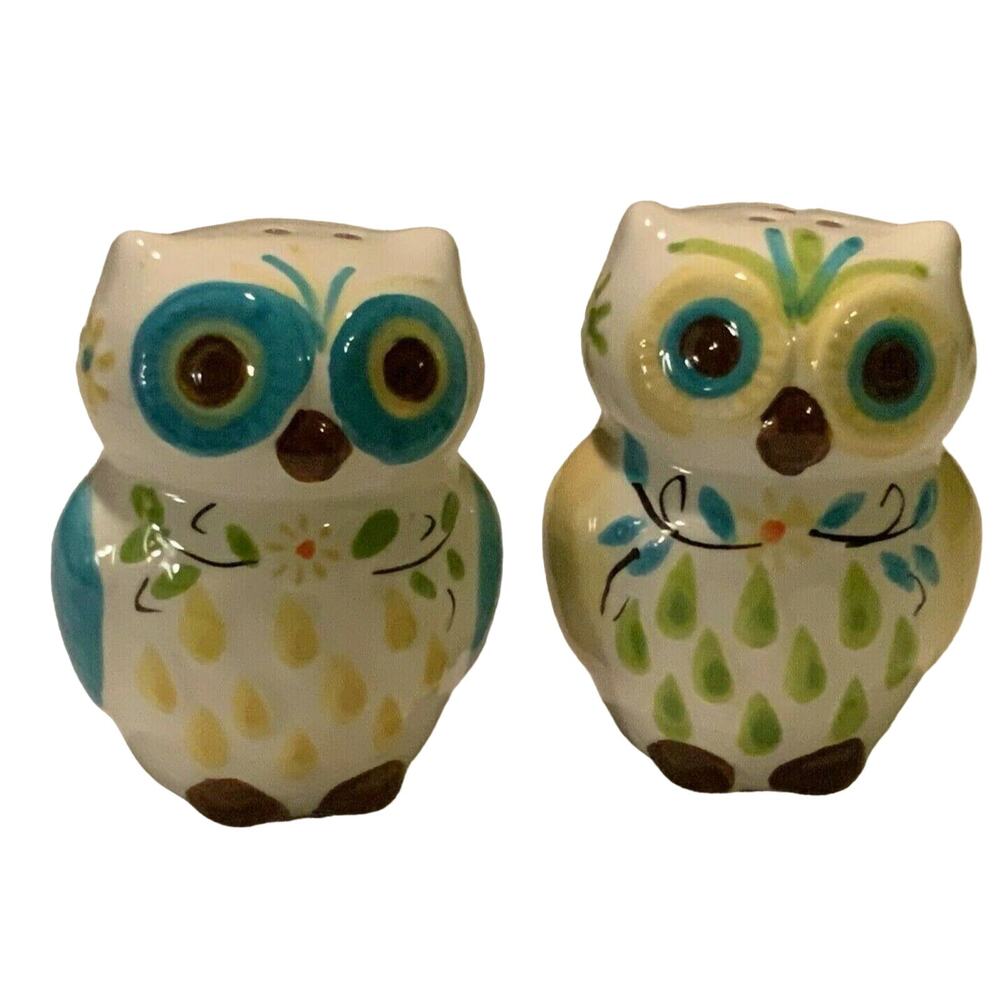 BOSTON WAREHOUSE Floral Owl Ceramic Salt & Pepper Shakers With Stoppers Deco UEC